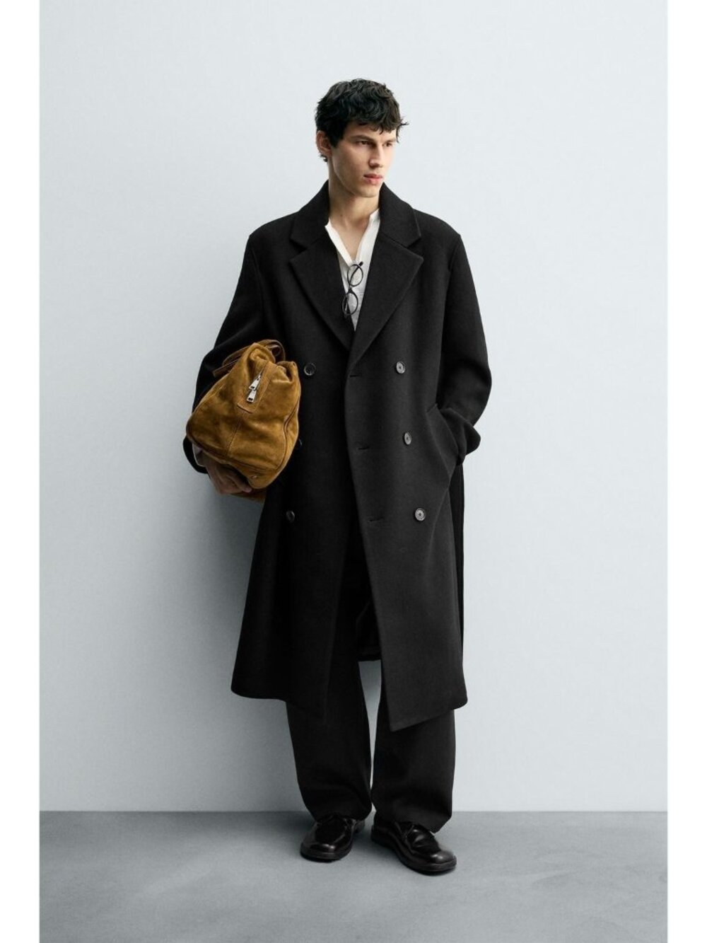 Zara Mens Pea Coat Small Black Belted Double Breasted Wool Blend 2949/150 NWT
